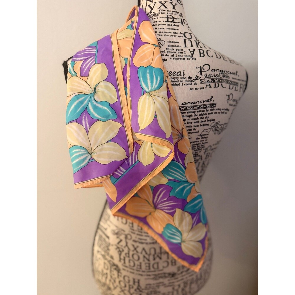 Vintage floral print square polyester scarf purple yellow